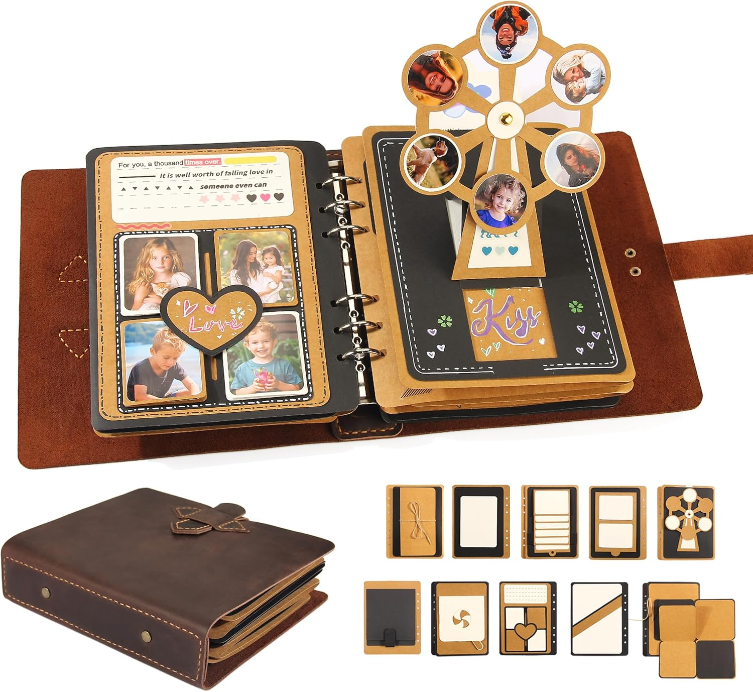 Handmade Genuine Leather Scrapbook Photo Album &ndash; DIY 3D Interactive Memory Book for Wedding, Baby, Family Photos (Travel, Anniversary, Birthday Gift)- Green