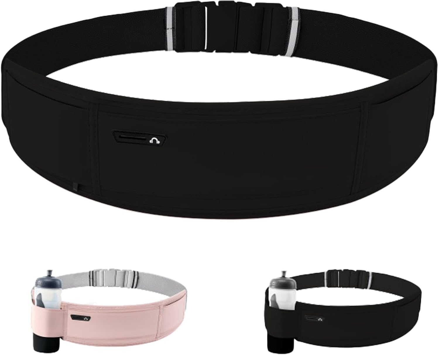 Slim Running Belt,Waist Pack,3-Pocket Waterproof Adjustable Fanny Pack with Hidden Water Bottle Pocket,Phone Holder for Running, Jogging, Hiking, Cycling(Black)