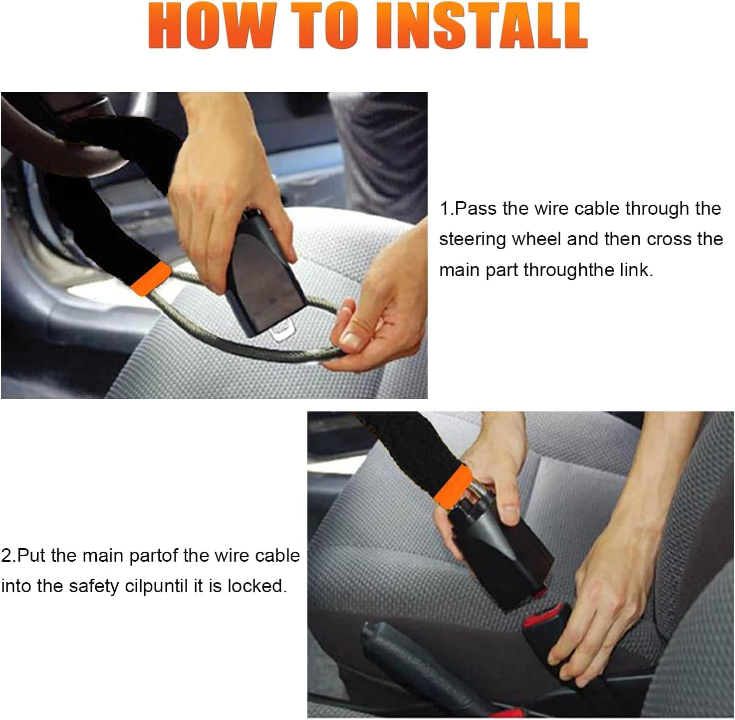 Car Steering Wheel Lock, Seat Belt Lock, Anti-Theft Device, Max 17 Inch Length, Small and Light-Weight, Multi-Functional, Fit Most Vehicle, SUV, Golf Cart Security (Black) - Red image number 3