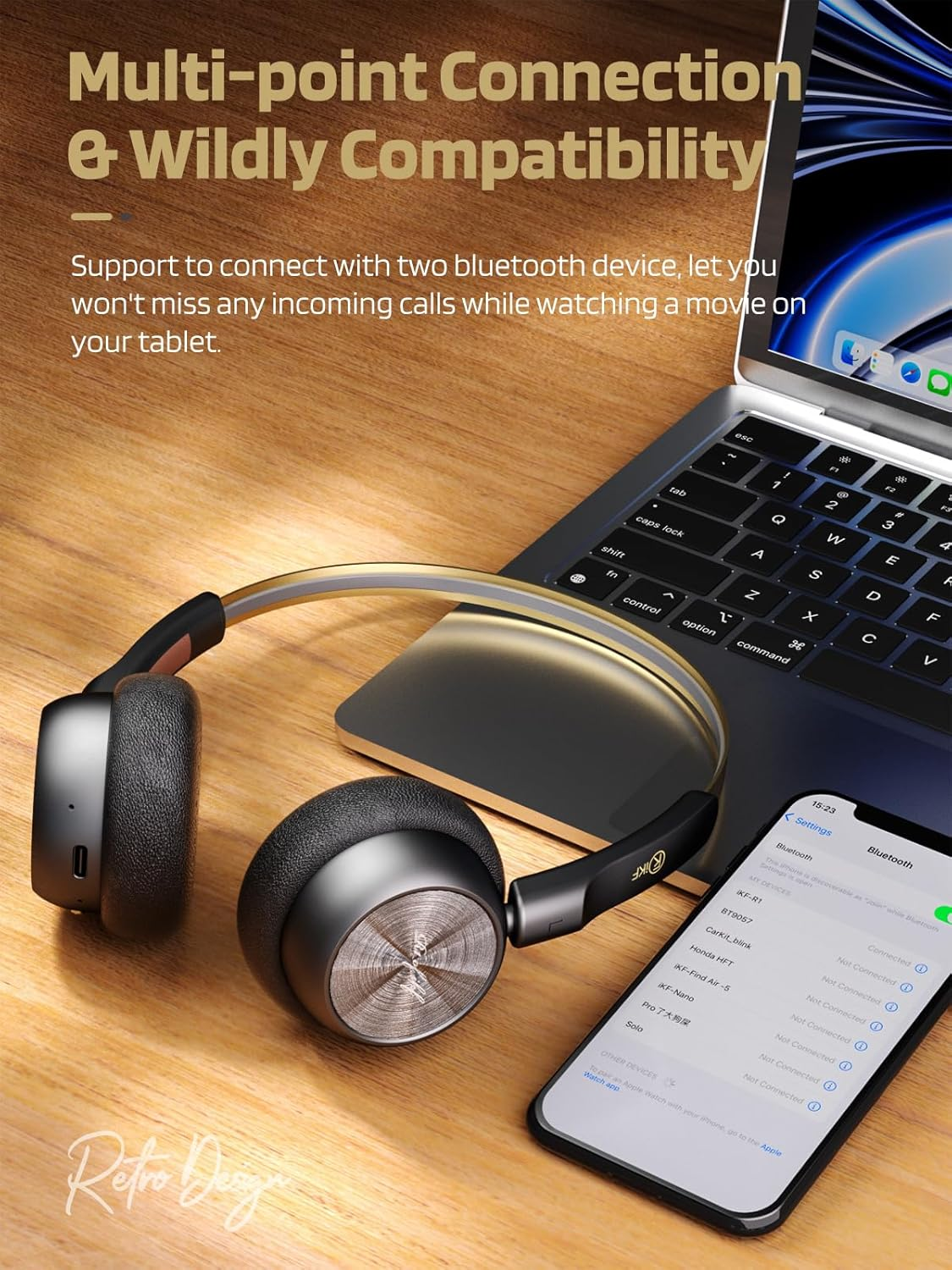 Ikf R1 Wireless On-Ear Headphones Bluetooth 5.4 Lightweight Retro Headphones 60H Playtime, Multipoint Connectivity, APP Volume Control, Built-In Microphone, for School, Travel, Commuting (Black Gold) - Black Gold image number 2