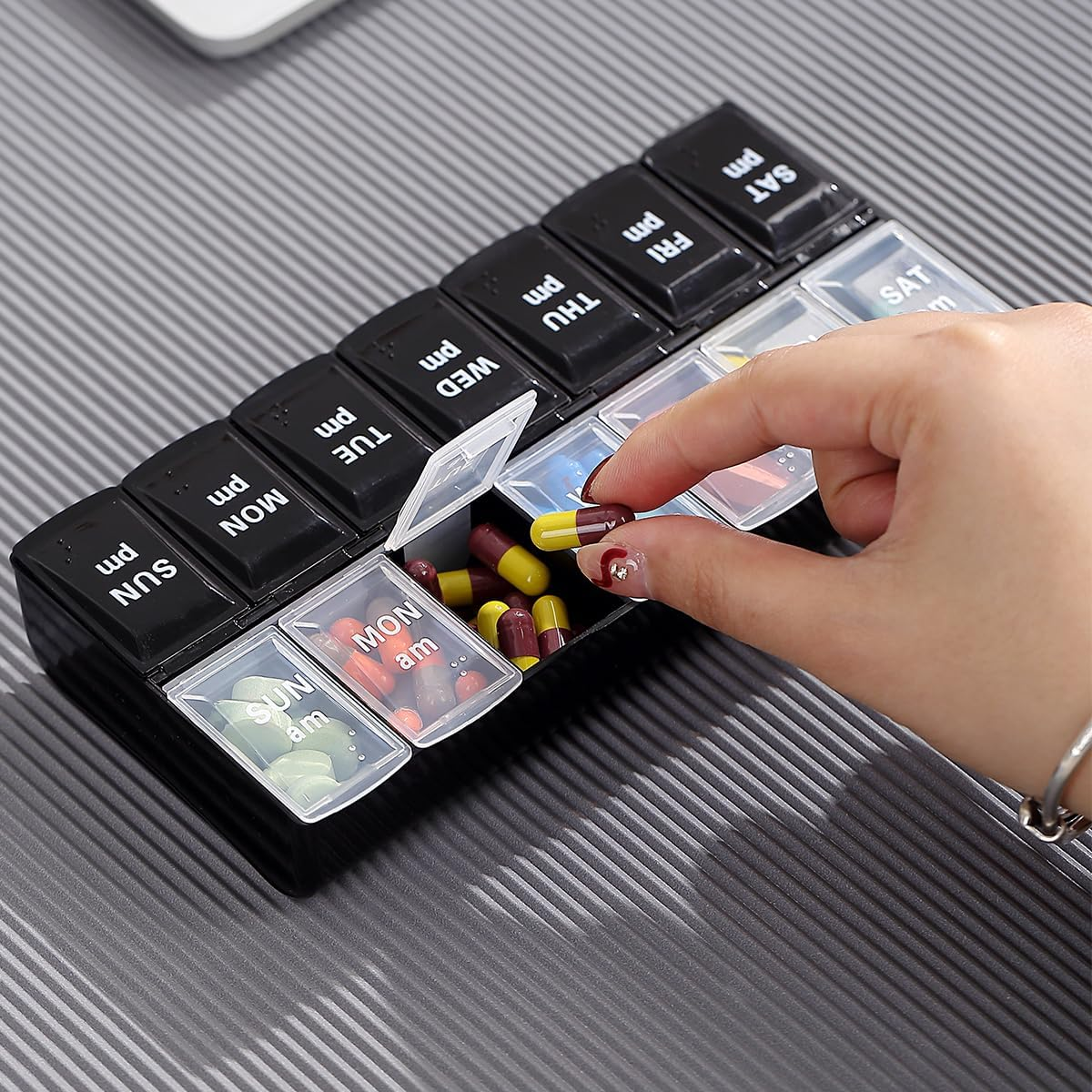 Berglander Pill Organizer 7 Day 2 Times a Day, Large Weekly AM PM Pill Box, Day Night Medicine Organizer, Pill Case 2 per Day, Pill Container Twice a Day Black and White Lid image number 6