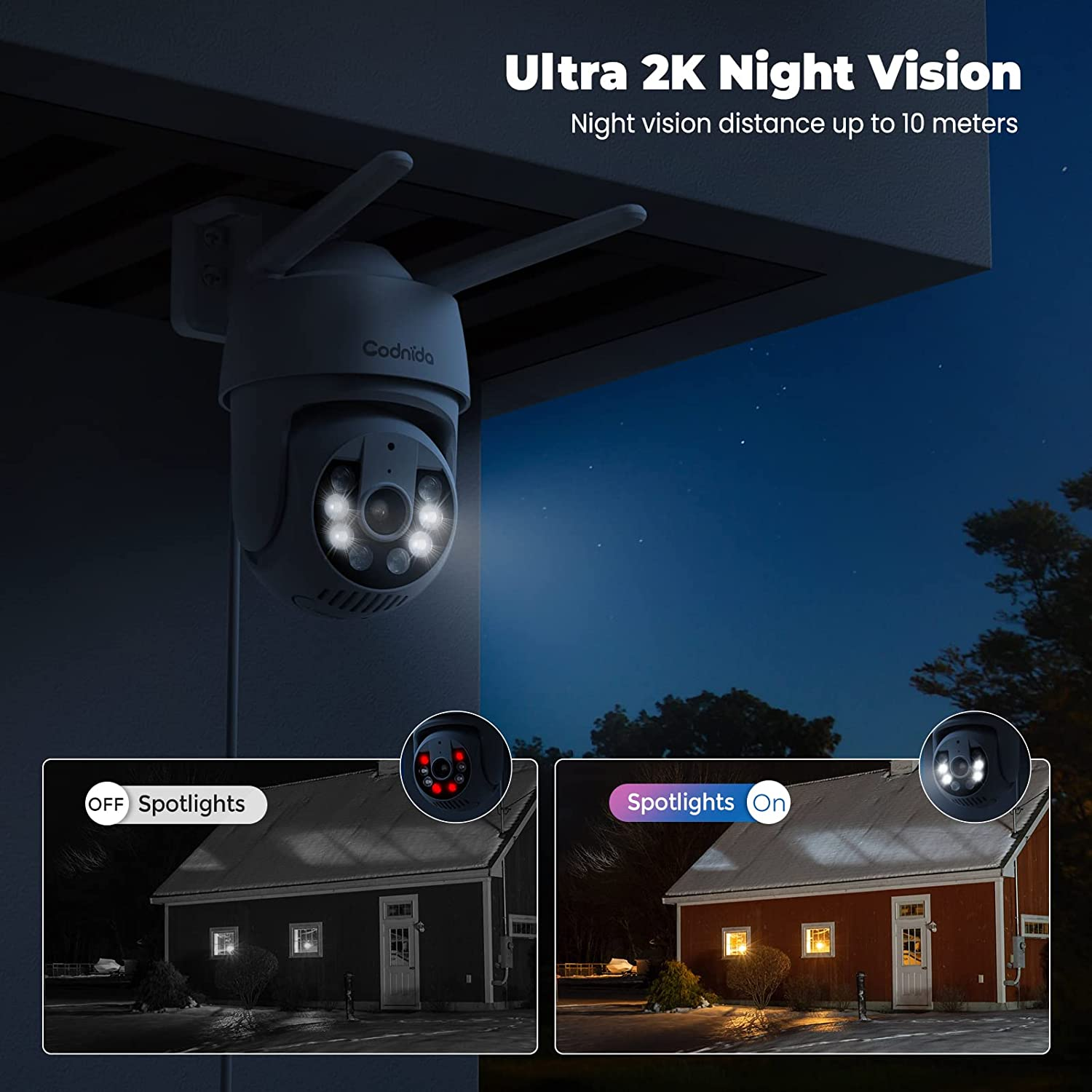 2K Telecamera Wi-Fi Esterno Con Vista a 360&deg;, Codnida 3MP Videocamera Sorveglianza Con Fili PTZ Telecamera Con Visione Notturna, Tracciamento Automatico Del Movimento,Allarme Sonoro E Luminoso image number 1