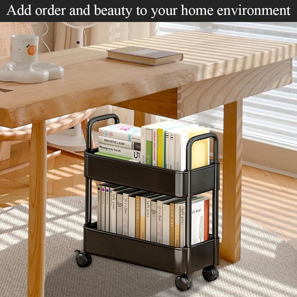 Storage Rolling Cart, 2Tier Snack Organiser Trolley, Rolling Shelf with Wheels & Hooks,Movable Storage Organizer for Home Kitchen Organization (Black image number 2