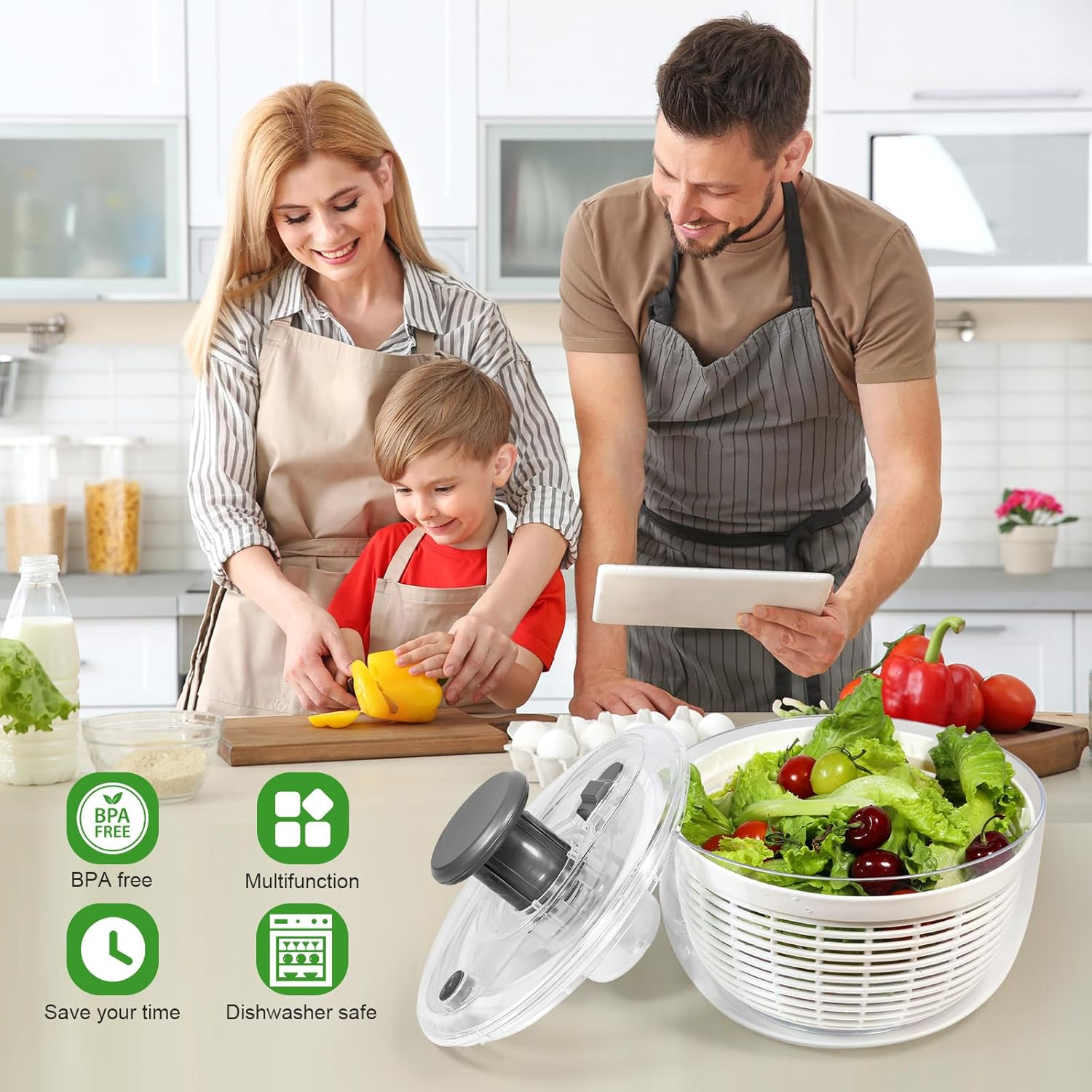 Salad Spinner - 3.6L Non-Slip Vegetable & Fruit Washer/Dryer for Households, Easy-Clean Kitchen Gadget for Greens, Herbs & Vegetables (White) image number 3