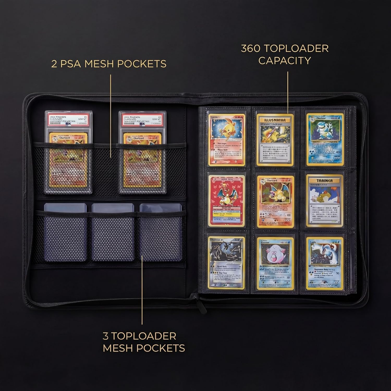 Toploader Binder 9 Pocket Holds 360 Toploaders - Collector Kit Gloves, Tweezers & Gift Box - Holder for 3X4 Top Loaders - Mesh Pocket for PSA Slabs Zippered Storage Album TCG & Sports Cards