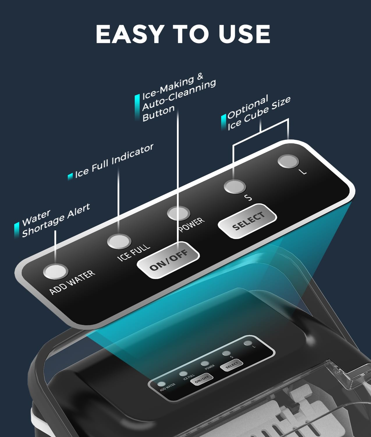 Ecozy Ice Maker Machine, Portable Ice Machine, 9 Ice Cubes in 6 Mins, 12KG in 24Hrs, 2 Sizes of Ice, Self-Cleaning Ice Cube Maker, Countertop Ice Maker for Home/Office/Kitchen/Bar image number 4