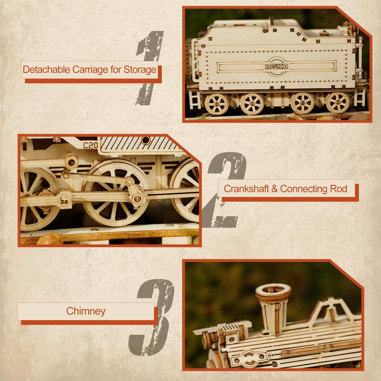 ROKR DIY Train Model Wooden Vehicle Model Kits 3D Puzzle Toy Boy Girl image number 5