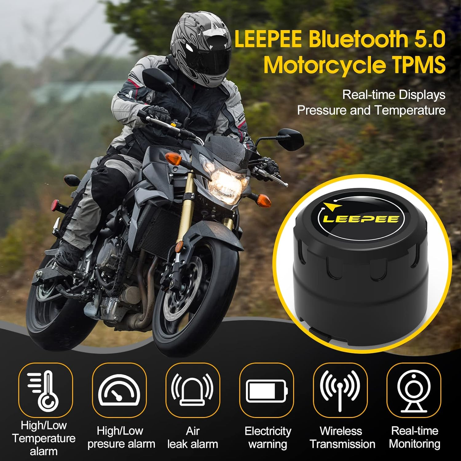 Leepee Motorcycle Tire Pressure Monitoring System, Tire Pressure and Temperature Alarm, Wireless Motorcycle TPMS with 2 External Sensors, Support Ios and Android image number 4