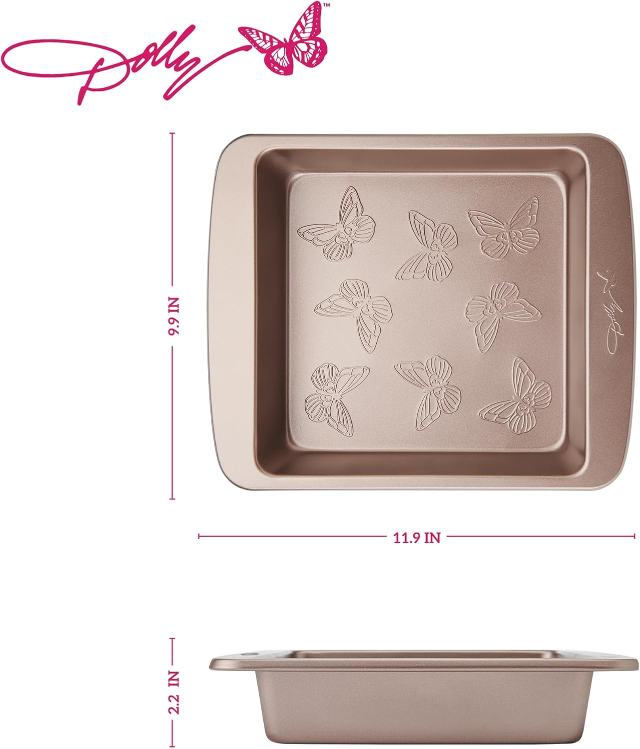 Dolly Parton Butterfly Stamp Square Cake Pan &ndash; Carbon Steel Nonstick Bakeware with Textured Butterfly Design, Durable Rolled Rim, Oven Safe to 450F, Perfect for Cakes, Cheesecakes and Savory Bakes