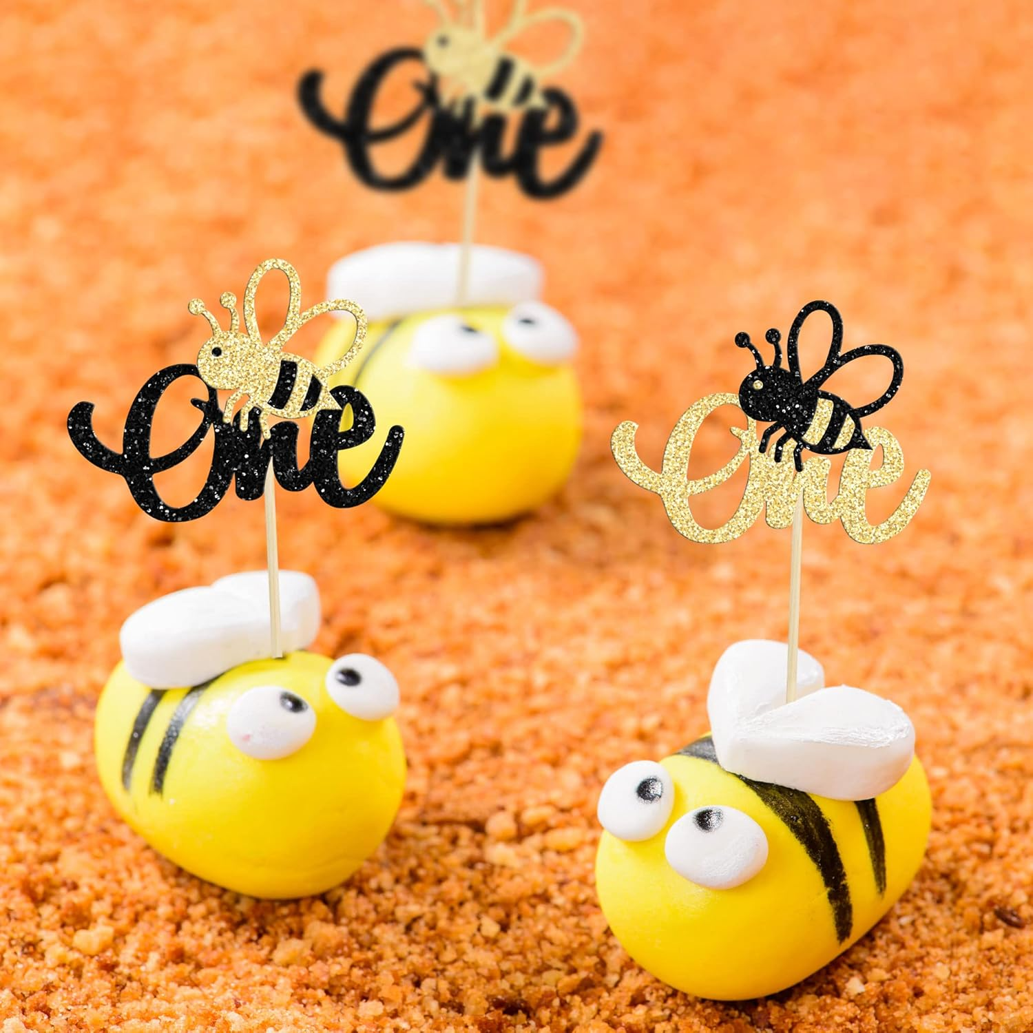 24Pcs Bumble Bee One Cupcake Toppers Glitter 1St Birthday Party Cupcake Picks Decorations for Bee Theme Baby Shower Kids First Birthday Party Supplies image number 1