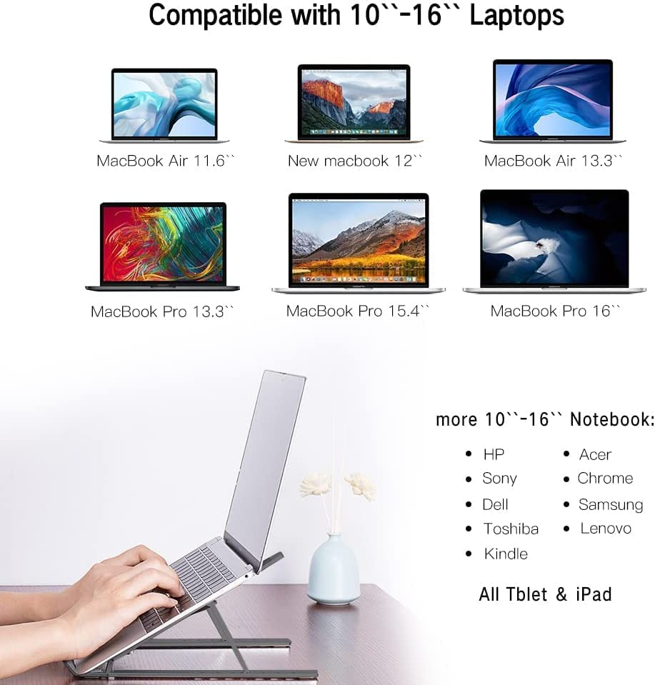 Ixtra Laptop Stand for Desk,Foldable Portable Anti-Slip Aluminum Laptop Holder with 7 Levels Height Adjustment Laptop Riser Compatible with Macbook,Ipad,Dell,10-16&rdquo; Laptops(Grey) image number 6