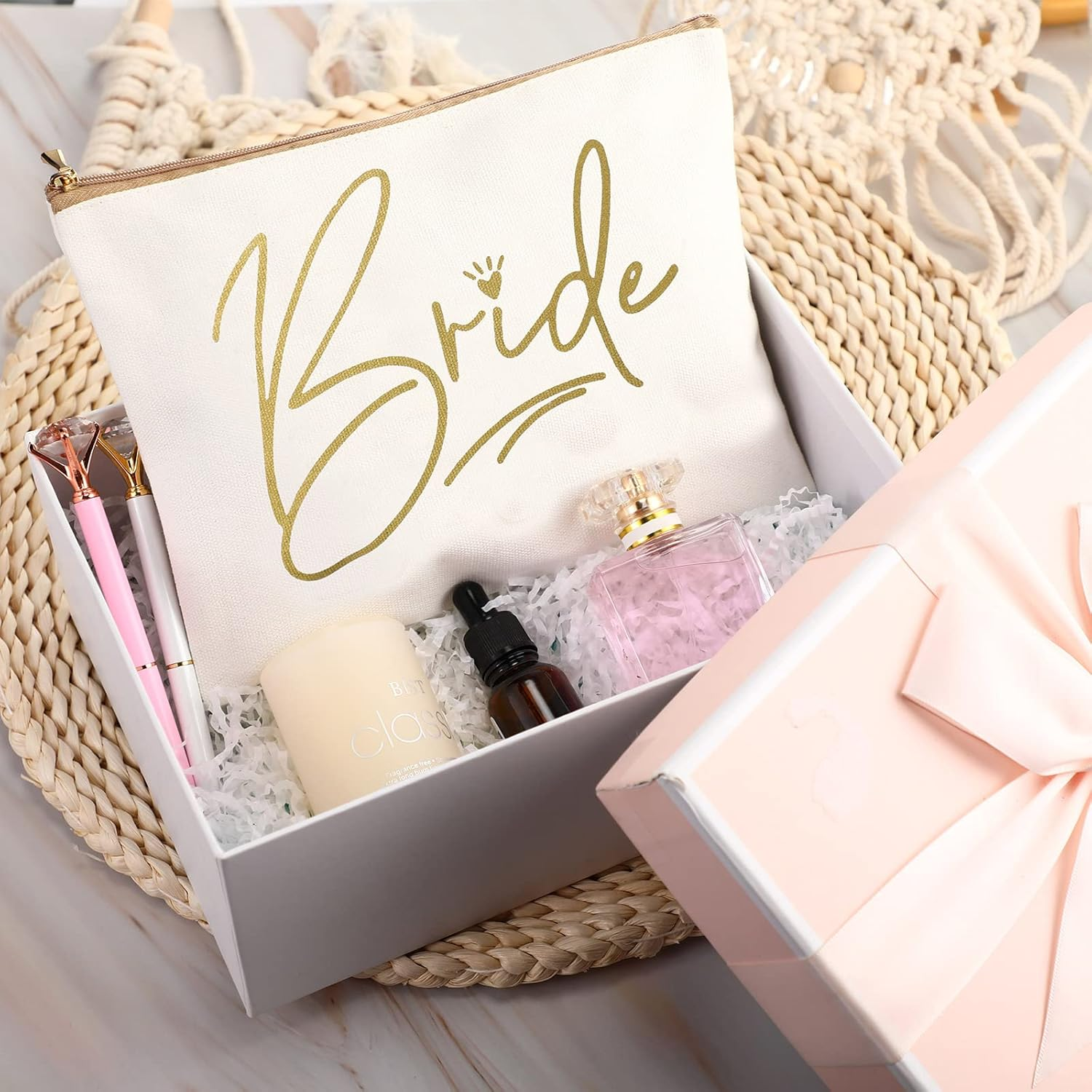 8 Pieces Bridesmaids Makeup Bag Wedding Bridal Makeup Bag Cosmetic Canvas Bag Matron of Honor Bag Wedding Print Cosmetic Bag for Women Brides Bridesmaids Wedding Parties, Lovely Pattern, Cosmetic Bag image number 3