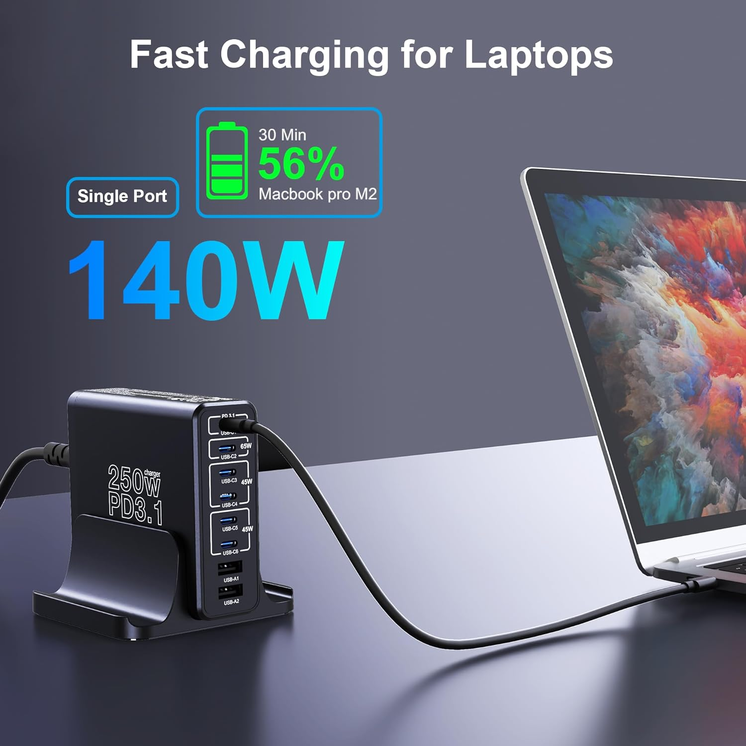Aftertop 250W USB C Charger, 8-Ports PD3.1 140W Fast Charging Station, Compact Laptop Gan Charger for Macbook Pro, Ipad, Iphone 16 15 Pro Max, Galaxy S24Ultra, Pixel and More image number 1