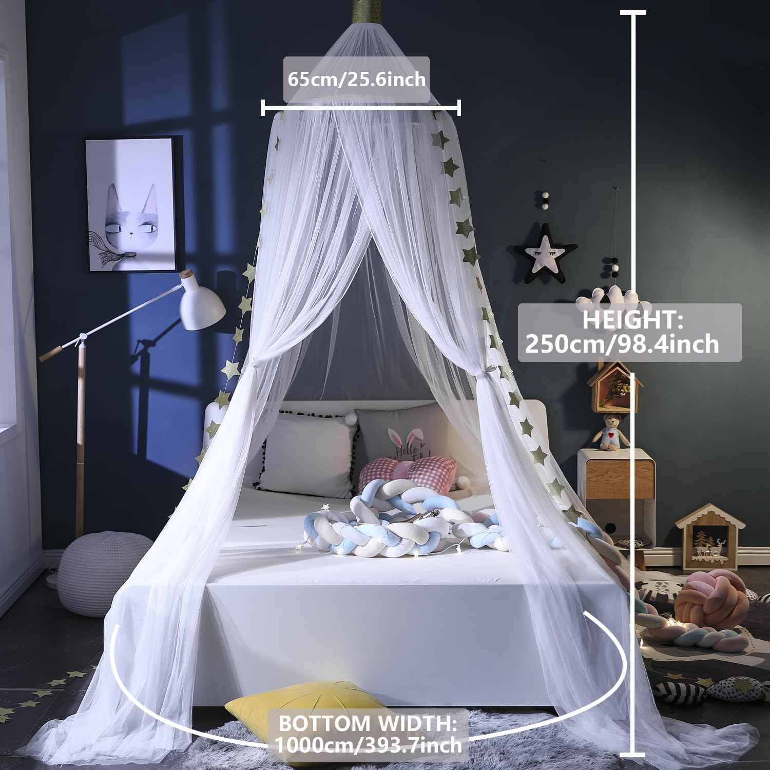Crown Bed Canopy Mosquito Net with round Dome, Curtain Court Canopy with Stars Decor for Baby Crib, Kid Bed, Play Tent, Children Reading Nook Canopies Indoor, Hanging Bed Net Decoration (White) image number 6