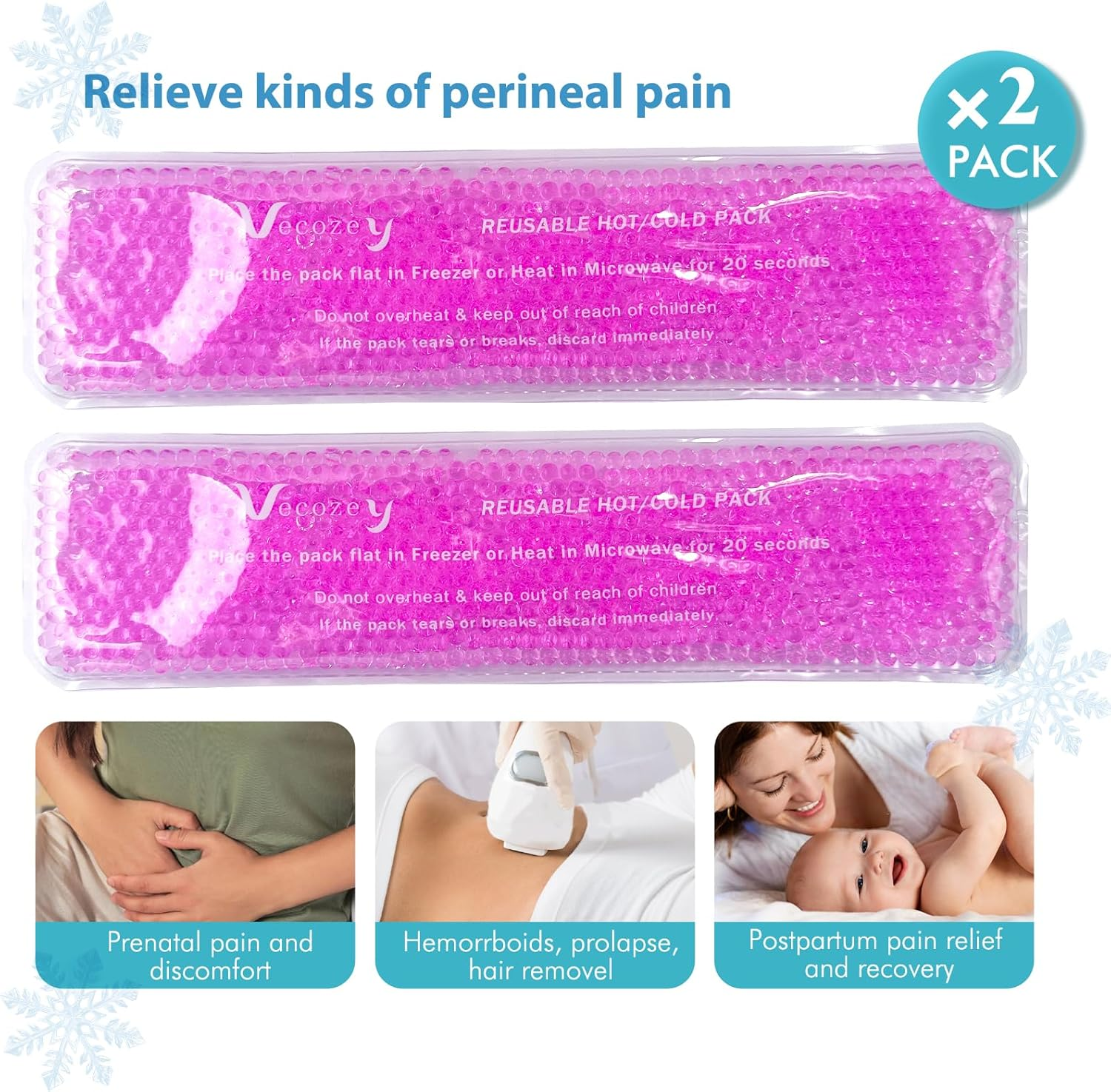 Vecozey 2 Perineal Cold Packs for Maternity Postpartum Care, Reusable Hot & Cold Ice Wraps with Washable Cotton Sleeves for Post Partum & Hemorrhoid Pain Relief, Cooling Pads for Women after Birth image number 5