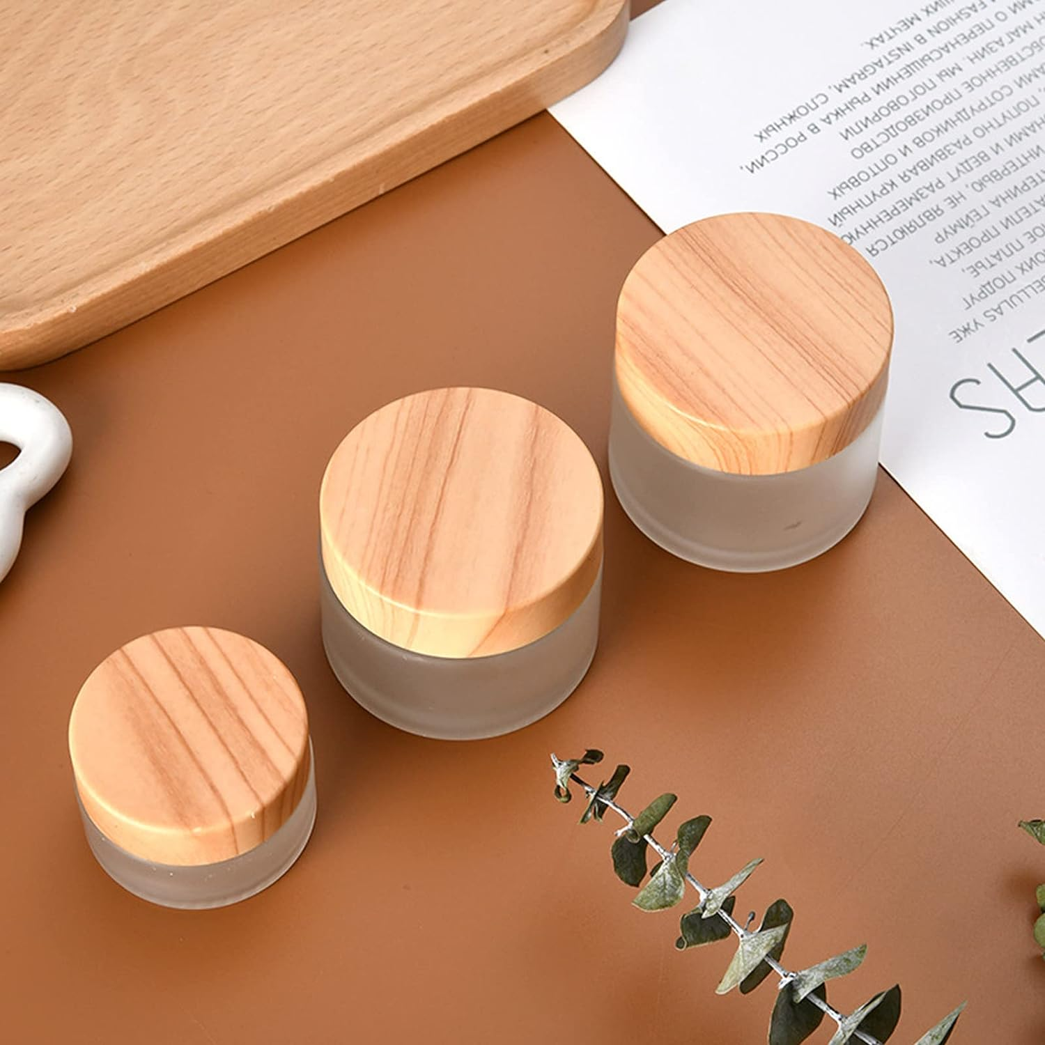 4 PCS Glass Bottles (50G) 50 Gram/Ml Glass Cosmetic Containers with Lids Refillable Matte Cosmetic Cream Jar round Small Lotion Containers with Wood Grain Lid 4 PCS image number 5