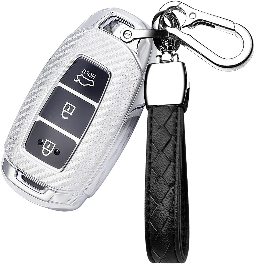 HIBEYO TPU Carbon Fiber Texture Car Key Fob Cover with Keychain Fits for Hyundai Solaris I20 Ix25 Creta Car Key Case Cover - Green image number 6