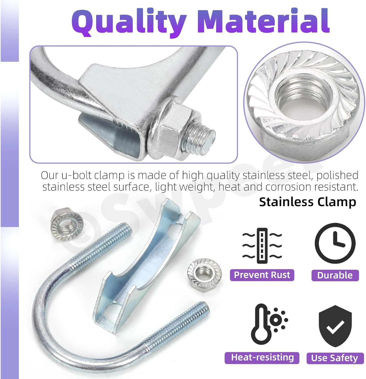 Swpeet 2Pcs Galvanized 1-3/4" - 45Mm Exhaust U Clamp Kit, Galvanized Muffler U-Bolt Clamps, Universal Heavy Duty U-Bolt Muffler Clamp Ideal for Tip Pipes Connection image number 4