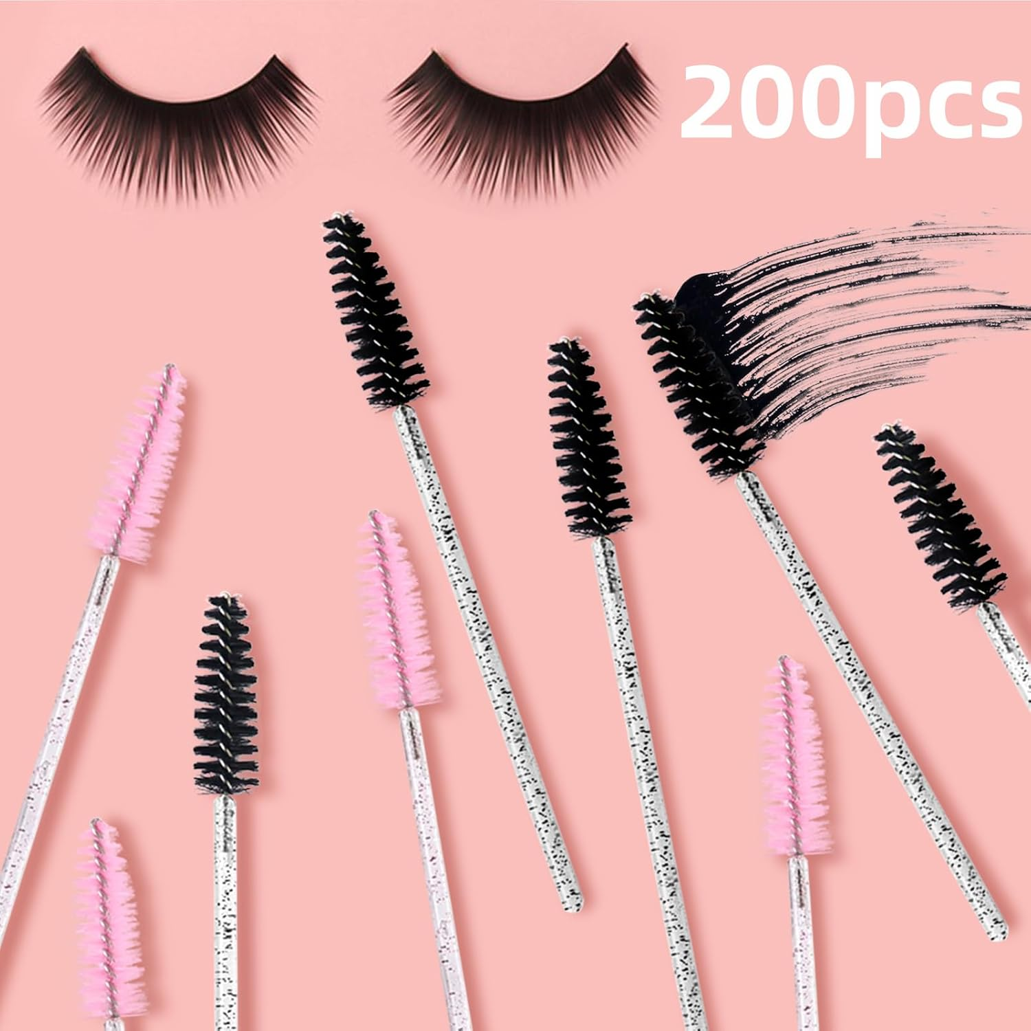 200 Pcs Disposable Mascara Wands,Lash Spoolies Crystal Eyebrow Spoolies Brush Eyelash Applicator Tool Spoolies for Eyebrow,Used for Eyelash Extension Eyebrows Cosmetics(Black and Pink)