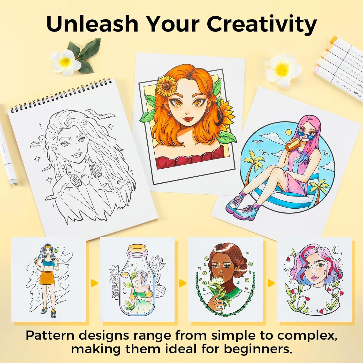 Ohuhu Double Sided Adult Colouring Book Bleedproof - Portraits of Joy - 20 Sheets/40 Pages Spiral Bound Page Double Sided Design Coloring Book -Perfect Stress-Relieving Gift Coloring Book image number 1