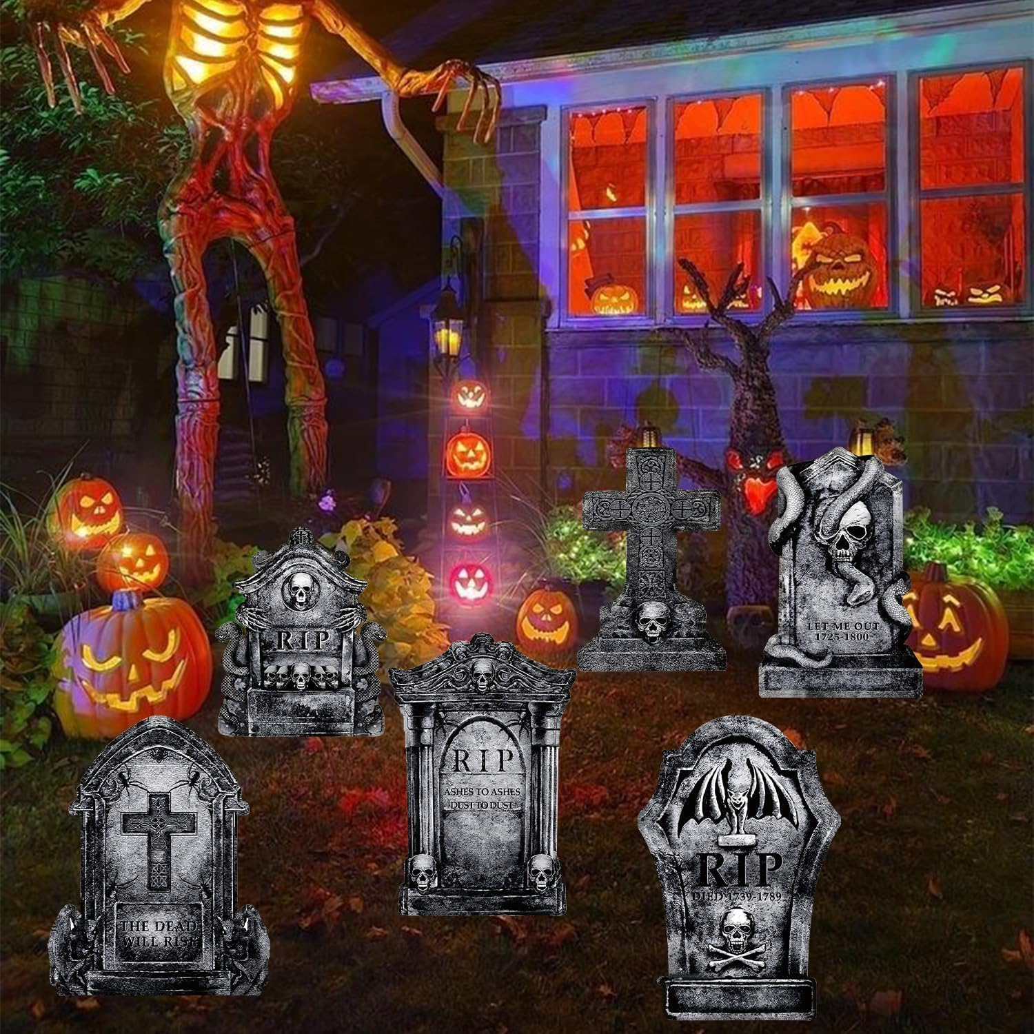Halloween Decorations Outdoor Tombstones Halloween Gravestones Decor Large Graveyard Decorations Realistic Scary Skeleton Tombstone Cemetery Grave Signs for Halloween Party Yard Lawn Outside image number 3