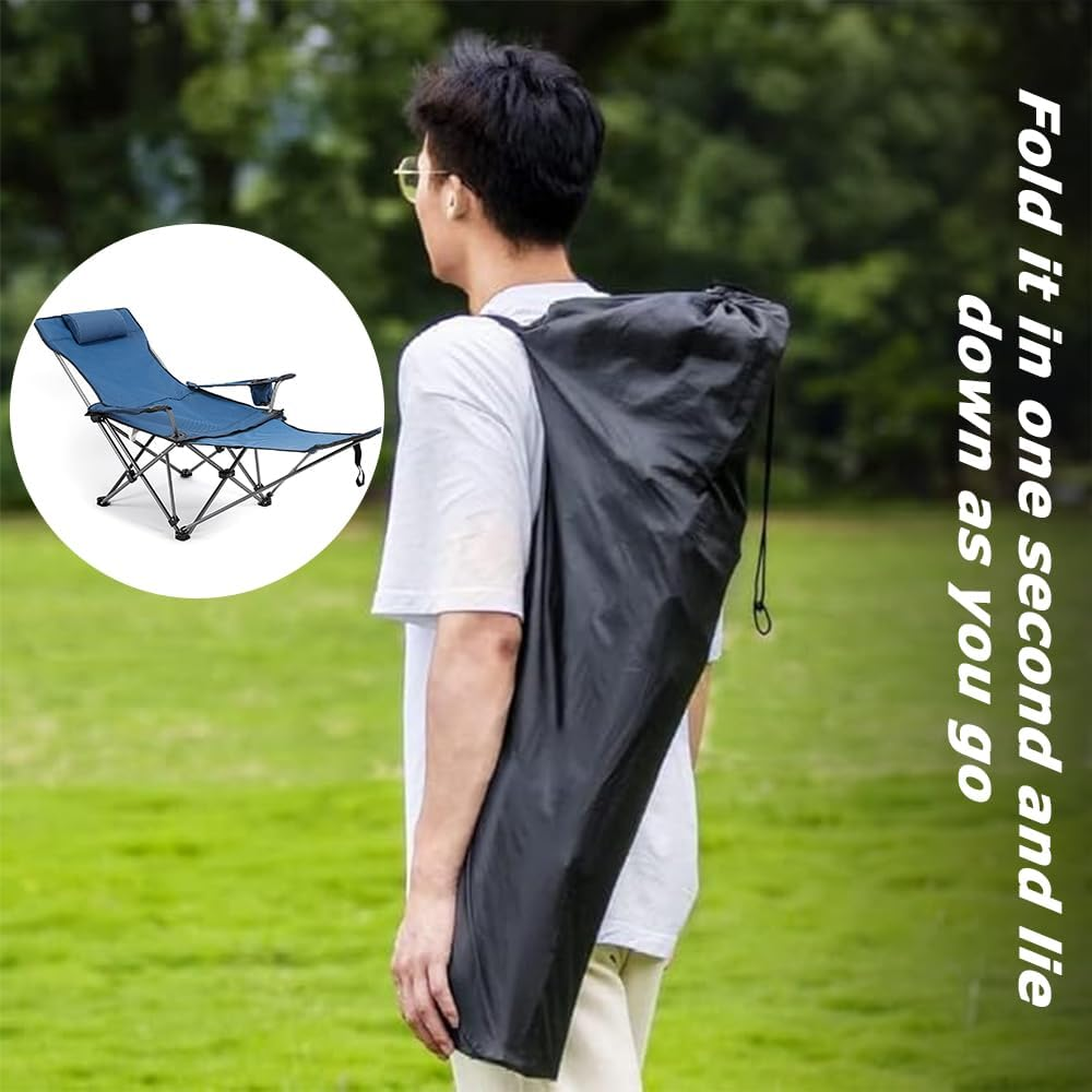 Camping Lounge Chair with Removable Footrest, Adjustable Folding Backrest, Lightweight Chair with Storage Bag & Headrest for Outdoor Garden (Blue)
