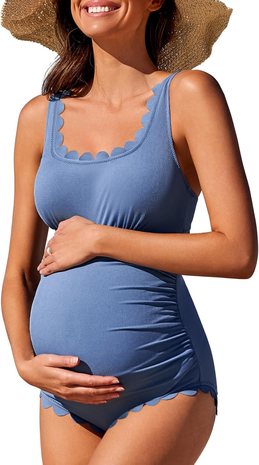 Summer Mae Ribbed Maternity One Piece Swimsuit Scalloped Cut Out Pregnancy Bathing Suit Square Neck Swimwear