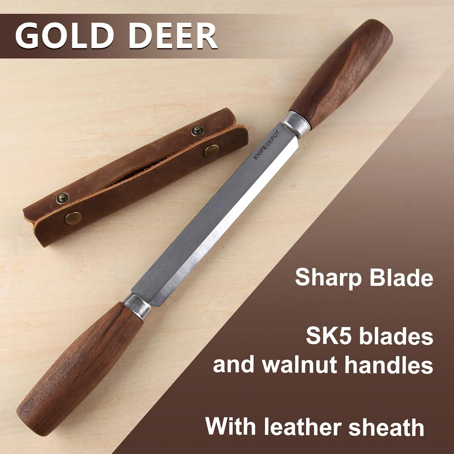 GOLD DEER Woodworking Tool 4.3" Drawknife SK5 Draw Knife with Leather Sheath Wood Carving Tools Wood Draw Knife Woodworking Whittling Tools Straight Shave Knife Woodworking Hand Tool image number 6