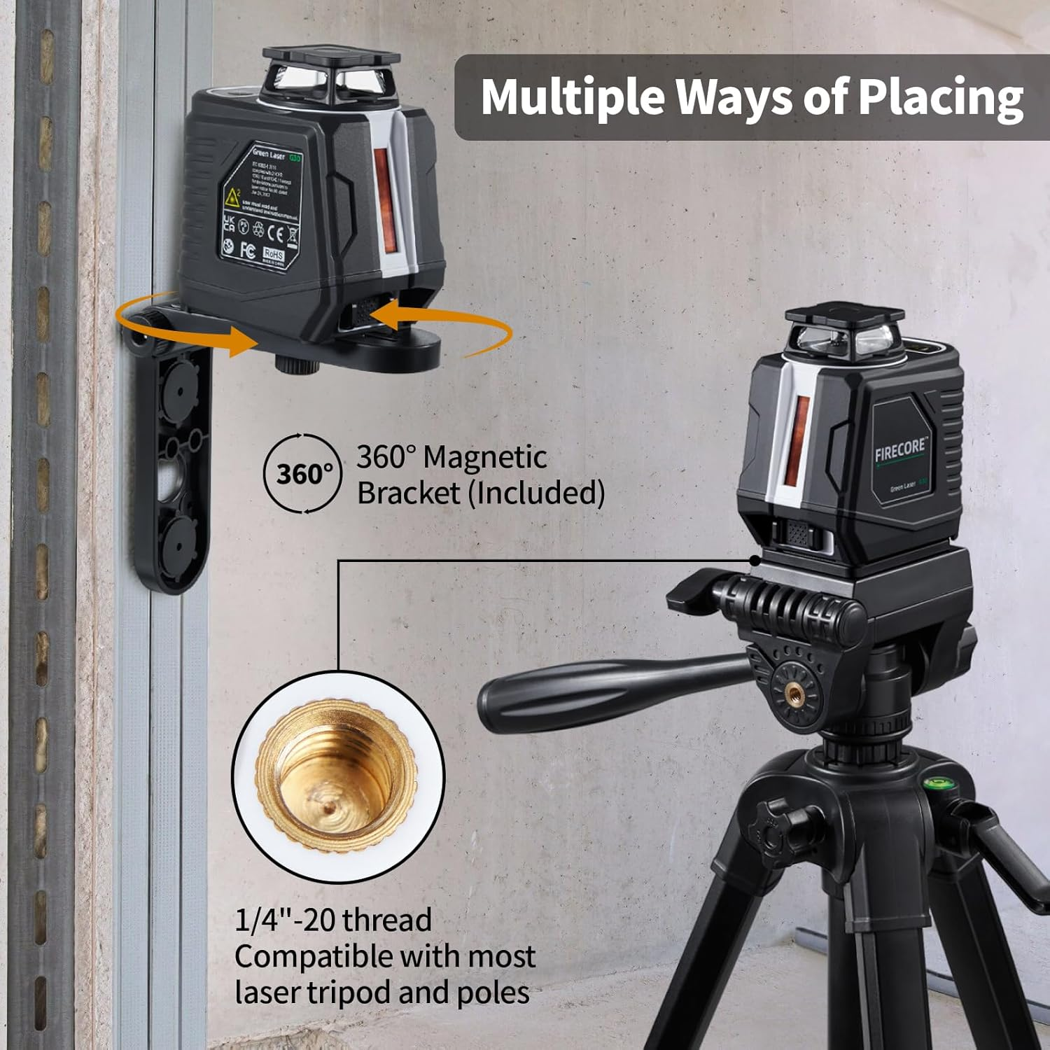 Firecore 360&deg; Laser Level with Tripod, 100Ft Self Leveling Laser Level Green Cross Line Laser Leveler Tool for Picture Hanging Wall Tile Floor Construction, 60" Compact Tripod & Carry Pouch Included image number 5