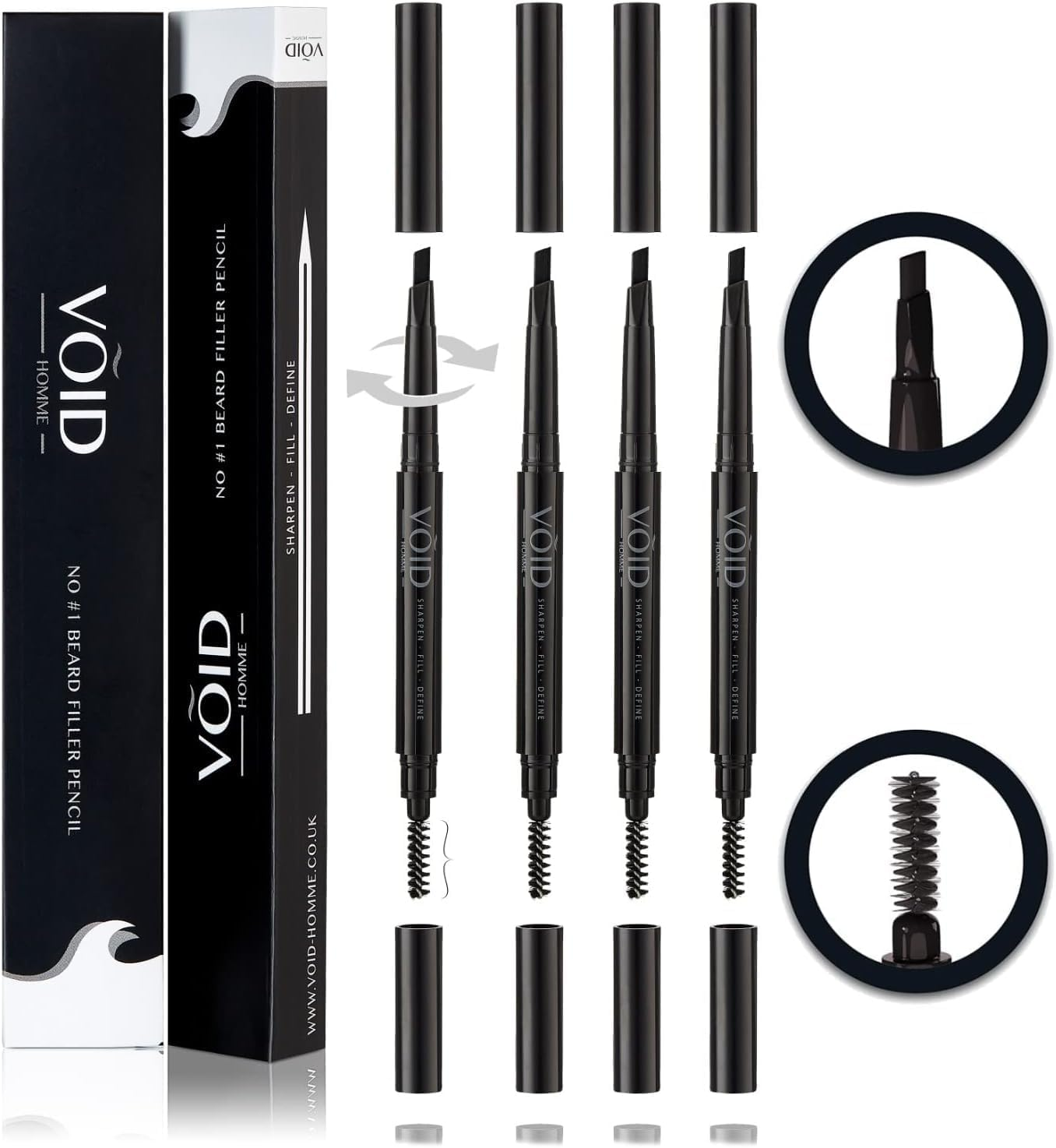 VOID Homme Beard Pencil Filler for Men (Black, Set of 4) - Instant Full Beard Pen Kit with Easy Liner and Waterproof Filling Pencil