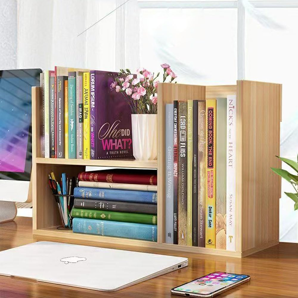 Hbluefat Small Desktop Bookcase Organizer, Wood Desk Storage Bookshelf Display Shelf/Rack for Home Office (Teak)