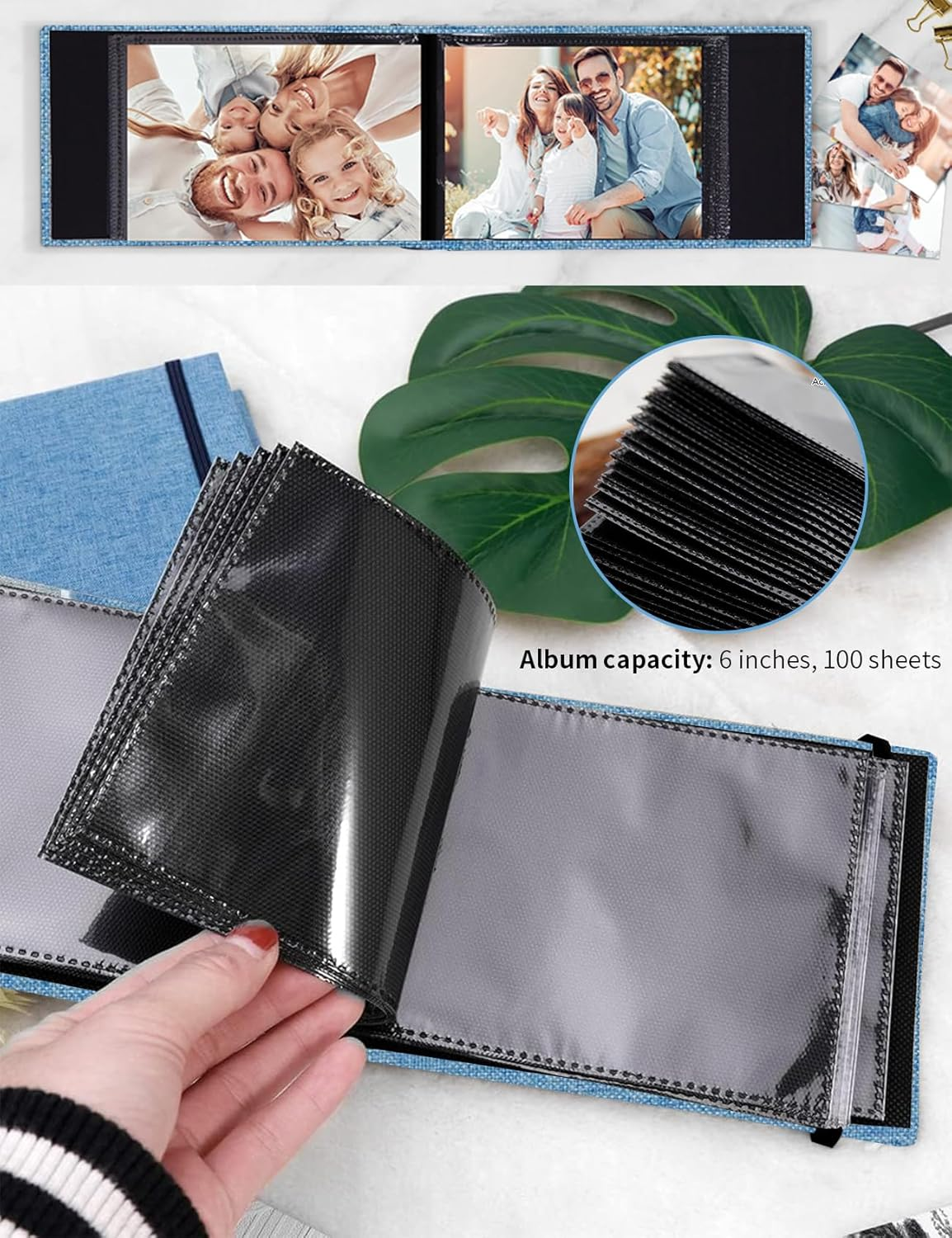 Mini Photo Album, 4X6Inch 100 Photos Pockets Linen Cover Scrapbook for Artwork Postcards Pictures Storage, Baby Tethered Picture Album Binder for Gifts, Small DIY Photos Books to Record Memories (BL) image number 6