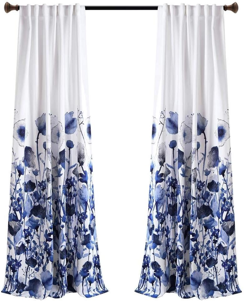 Lush Decor Lush D&Eacute;COR, Navy Zuri Flora Curtains Room Darkening Window Panel Set for Living, Dining, Bedroom (Pair), 84&rdquo; X 52