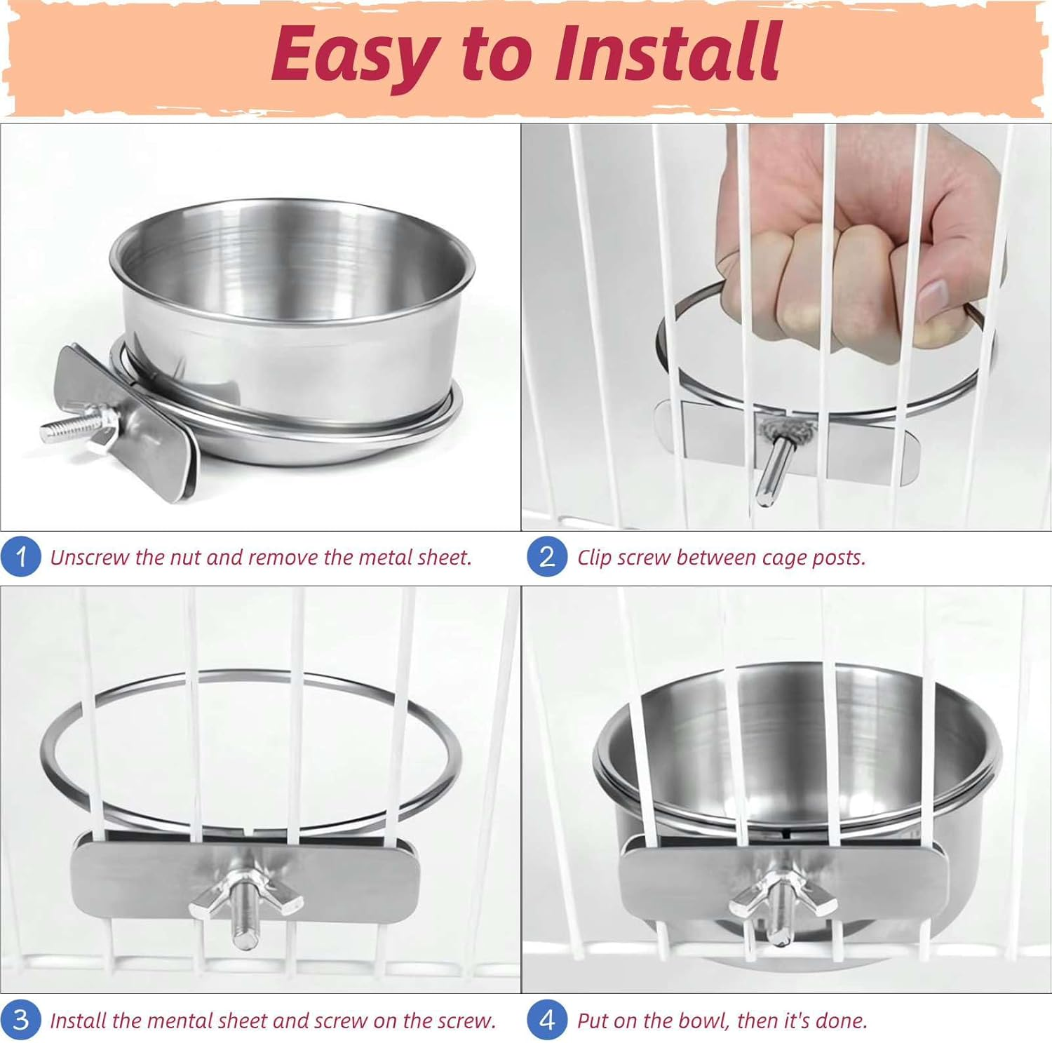 Hilleo Bird Feeder Bird Cage Accessories Include 2Pcs Stainless Steel Bird Bowls with Clamp Holder and 3Pcs Bird Food Holder, for Chinchilla Parrot Macaw Budgie Cockatiel Parakeet and Small Animals image number 4