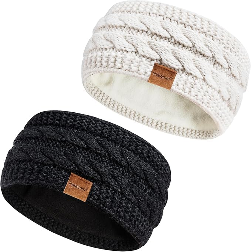 Hatromm Winter Headbands for Women Wool 2 Pack, Ear Warmers for Women Headband Knit Thick Fleece Lined(Black+White)