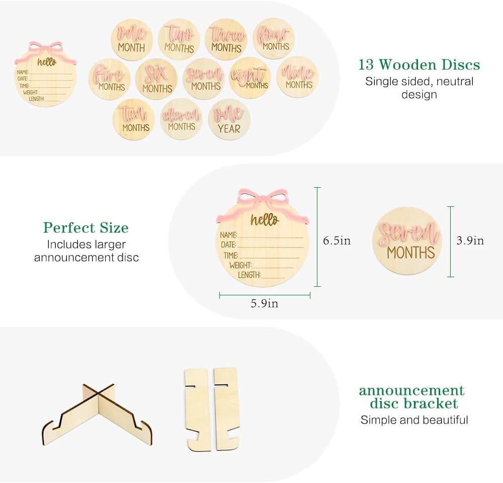 Monthly Baby Milestone Cards for Girls &ndash; 13 Wooden 3D Milestone Discs with Hello World Birth Announcement Sign &ndash; Newborn Photo Props for Baby Girl image number 4