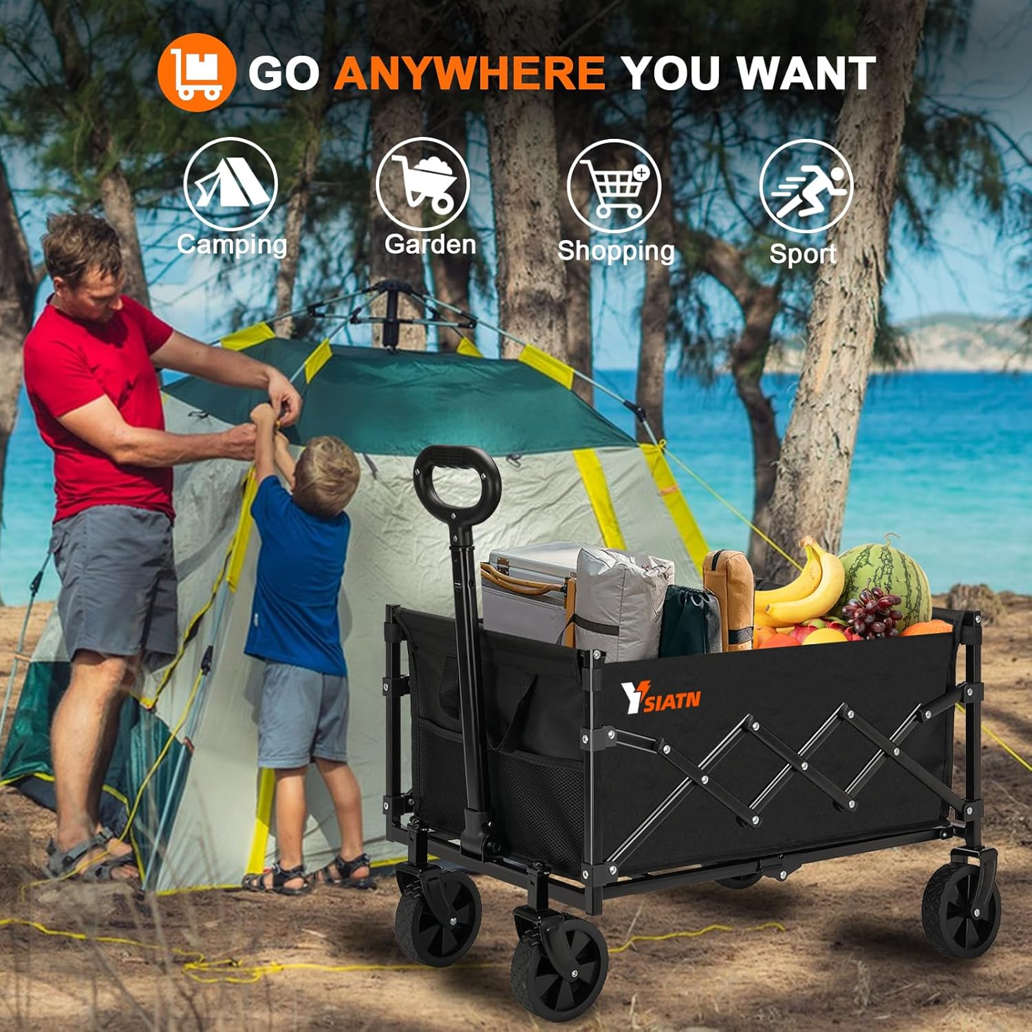 Collapsible Wagon Cart Foldable with 350Lbs Weight Capacity, Lightweight Utility Shopping Cart with Wheels, Folding Grocery Wagon Cart Portable for Beach Garden Sports and Camping, Black image number 5