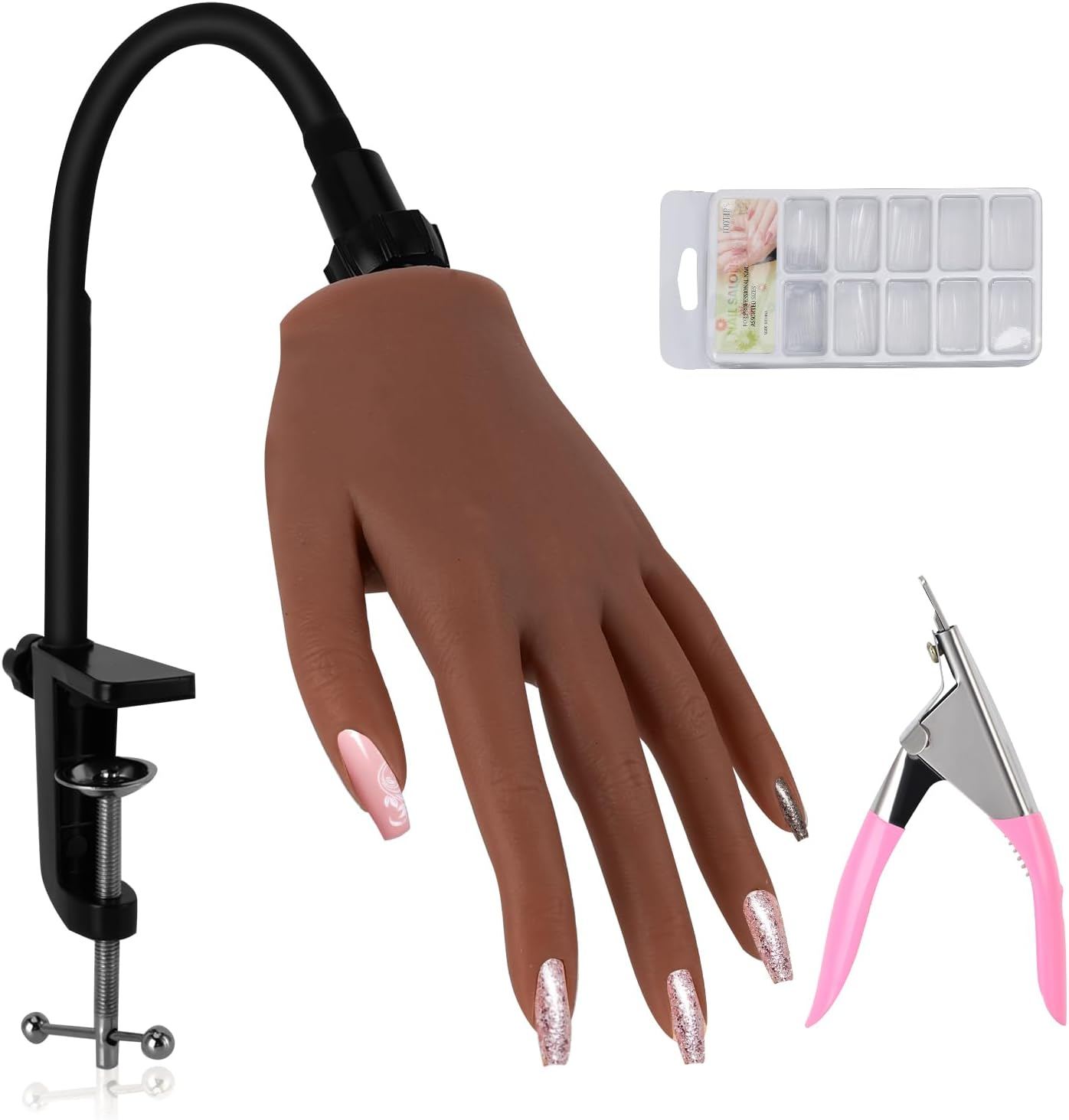 Practice Hand for Nail Design, Silicone Hand with Nail Tips, Flexible Movable Exercise Hand with Adjustable Holder, Practice Finger for Nail Design, Professional Practice Hand for Gel Nails (Brown) image number 1