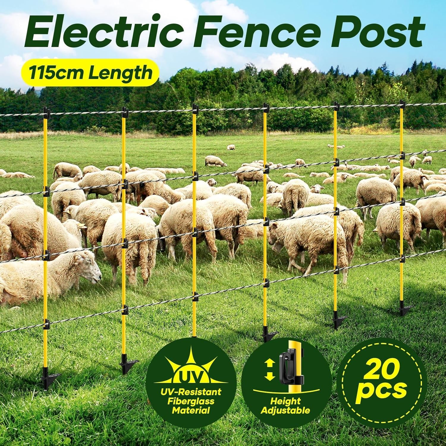 OGL 20Pcs Electric Fence Post Tread Step in Wire Garden Farm Livestock Cattle Sheep Insulators Poles Pigtail Fibreglass Adjustable Graze Fencing Temporary image number 4