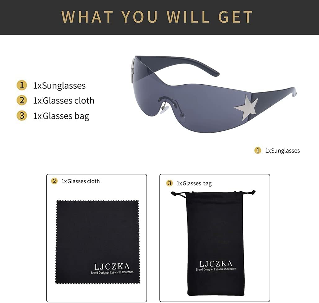 LJCZKA Rimless Star Sunglasses Y2K for Women Men, Oversized Wrap around Sunglasses One Piece Futuristic Shades UV400 Protection - Brown / Gradient Brown image number 5