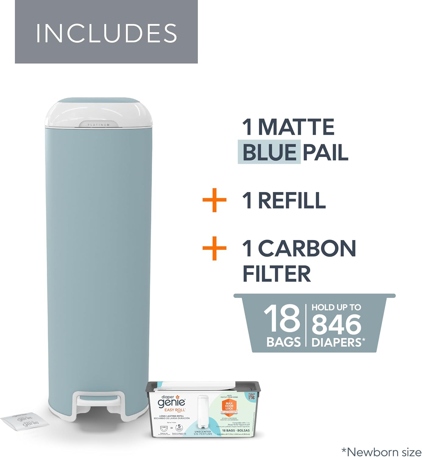 Diaper Genie Platinum Pail (Glacial Blue) Is Made in Durable Stainless Steel and Includes 1 Easy Roll Refill with 18 Bags That Can Last up to 5 Months. image number 3