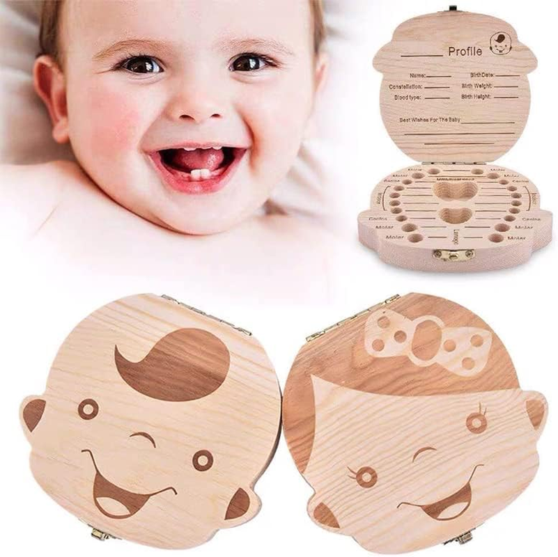 AIMALL Baby Tooth Box Organizer save Milk Teeth Wood Boy Girl Kids Storage Gift Case, Natural Safe Wood, Cute Kid Design, 4.92X4.72X1.18 Inches
