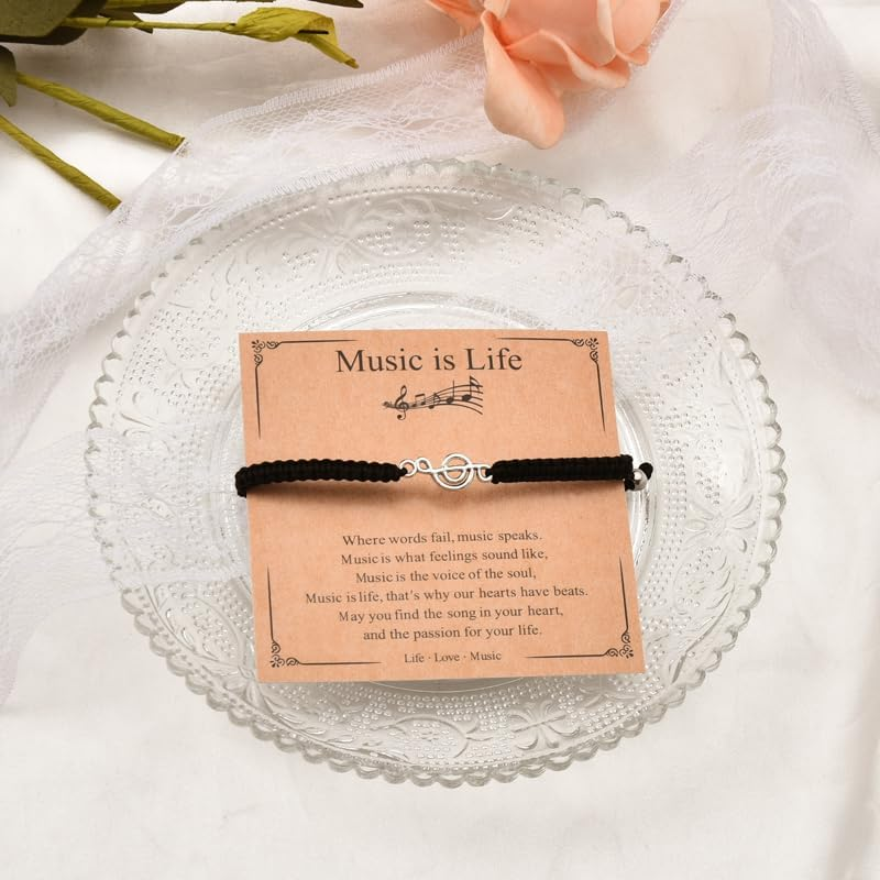 Music Gifts Bracelet for Teacher Appreciation Gifts for Bracelets Inspirational Christmas Birthday Gifts for Musician Gifts for Men Women Singer Gifts for Music Lover Black Braided Bracelets image number 1