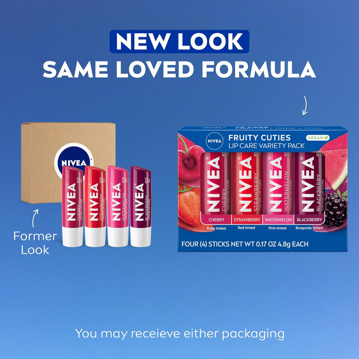 NIVEA Lip Care, Fruity Tinted Lip Balm Variety Pack, Cherry, Strawberry, Blackberry and Watermelon Flavors, 3-In-1 Moisture, Repair and Color, 0.17 Oz Stick, Pack of 4