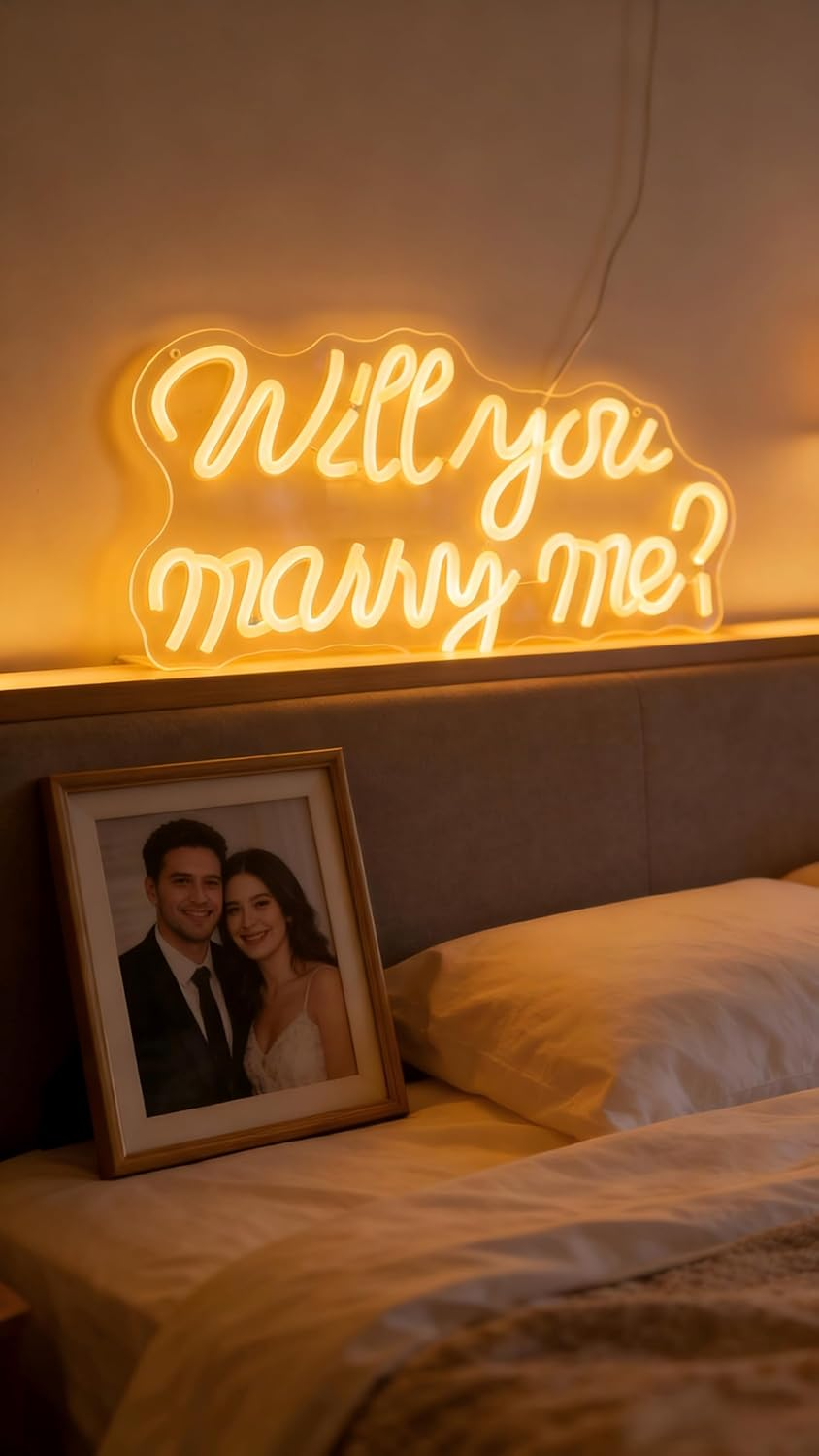 Will You Marry Me Neon Signs, 42X23.8 Cm LED Neon Signs for Wall Decor, USB Powered Will You Marry Me Shaped Decor Neon Light with Switch, Backdrop Light up Sign for Proposal Wedding Anniversary (Yellow) - Clear image number 5