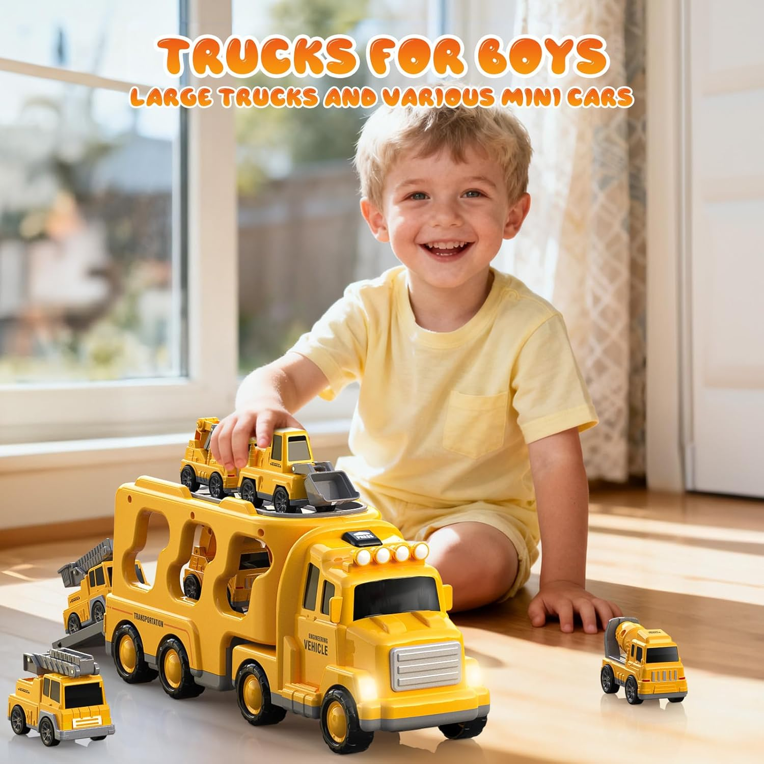 Skirtoy Construction Truck Toys Toddlers 3 4 5 6 7 Years Old,7 in 1 Truck Friction Power Toy Car with Light and Sound Transport Vehicle Carrier Truck, Car Toys Set for Boys & Girls 3-5 Years Old image number 5