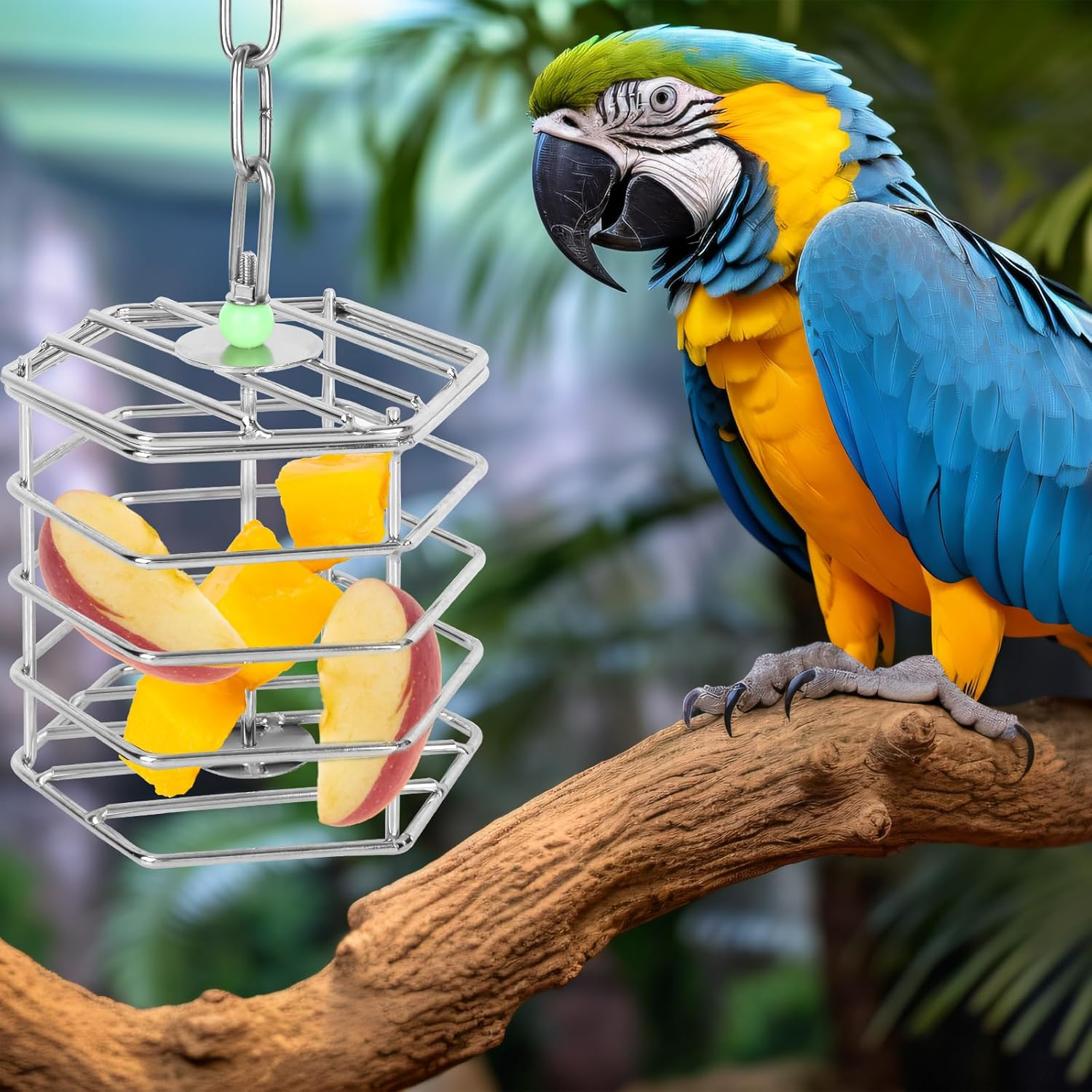 Stainless Steel Bird Feeder Cage with Chain & Bead, Hanging Bird Food Holder Intelligent Feeding Box Millet Treat Holder for Macaw Cockatoo Cockatiel Parrot image number 1