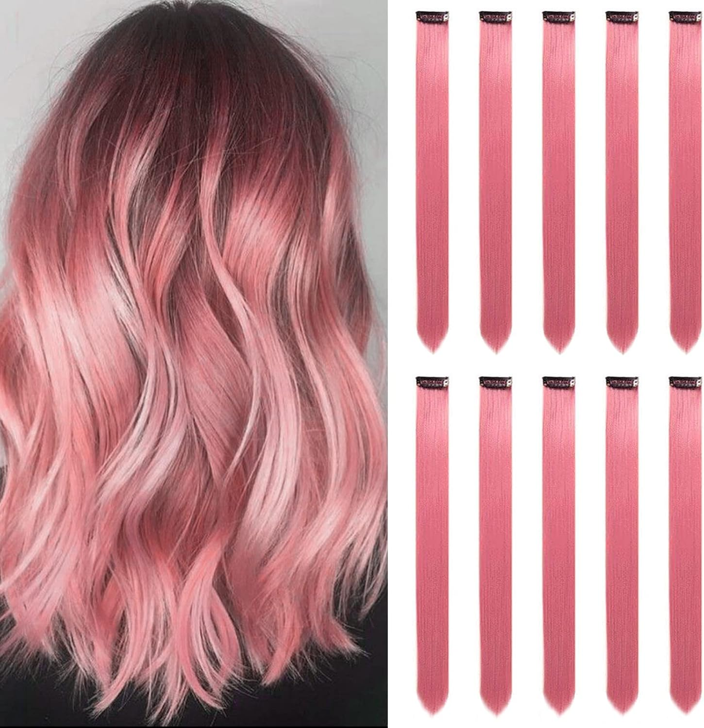 Coloured Hair Extensions Clip in for Girls 22 Inch Colourful Straight Hair Extensions for Party Highlights Hair Accessories Hairpieces for Children Women (10 Pieces Peach Pink) - Blonde image number 2