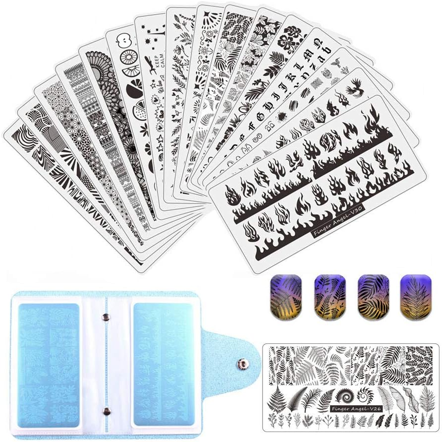 Fingerangel 21Pcs Nail Stamp Plate Set 16Pcs Mix Design Stamping Nail Art Plate + 2Nail Stamper + 2Scraper+1Pcs Case Nails Art Stamping Plate Scraper Stamper Set Leaves Flowers Nail Plate V17-32 image number 1