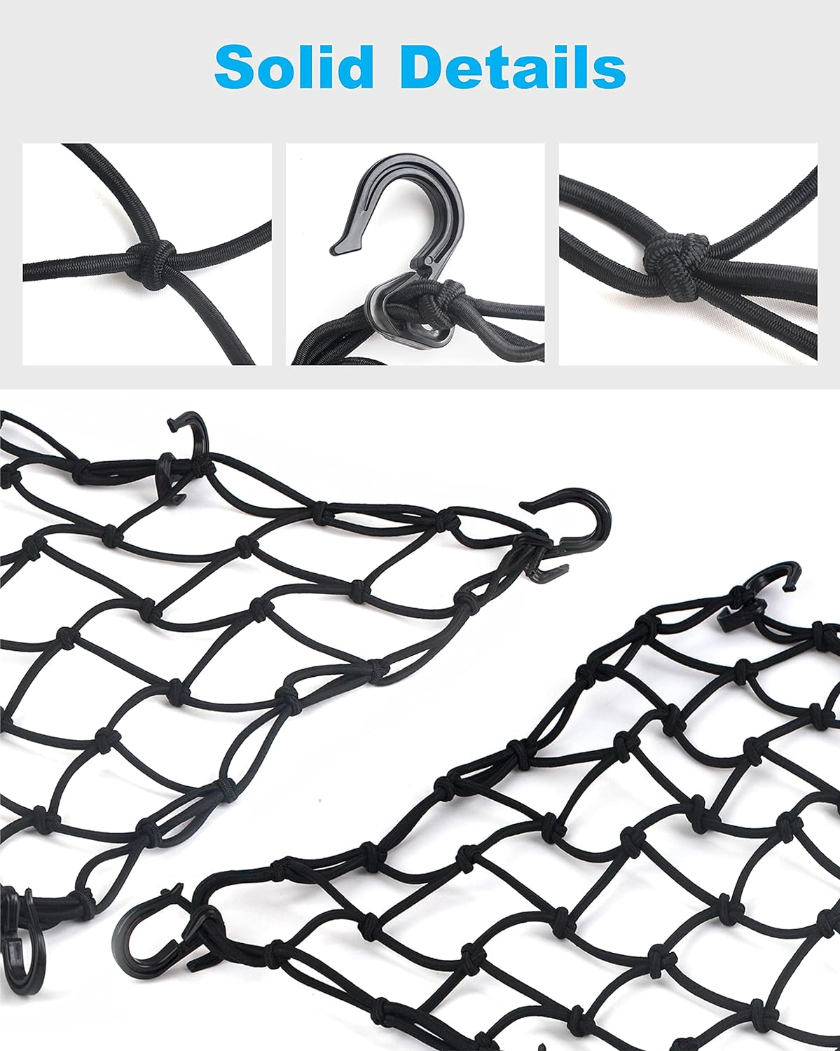 2 Pack Black Cargo Nets, Heavy Duty Latex 17"X17" Bungee Net Stretches to 34"X34", Gear Helmet Luggage Net with Tight 2.3"X2.3" Mesh & 12 Adjustable Plastic Hooks for Motorcycle, Bike, ATV image number 6